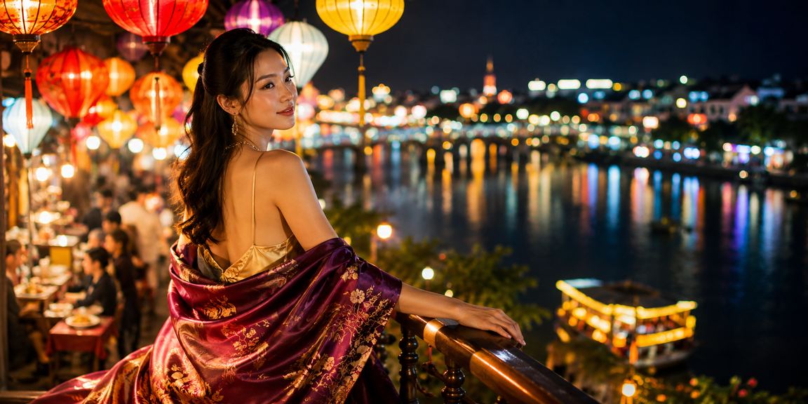 Không khí chợ đêm Huế sôi động bên cạnh màn hình slot game đang quay, gợi lên trải nghiệm giải trí đêm khuya