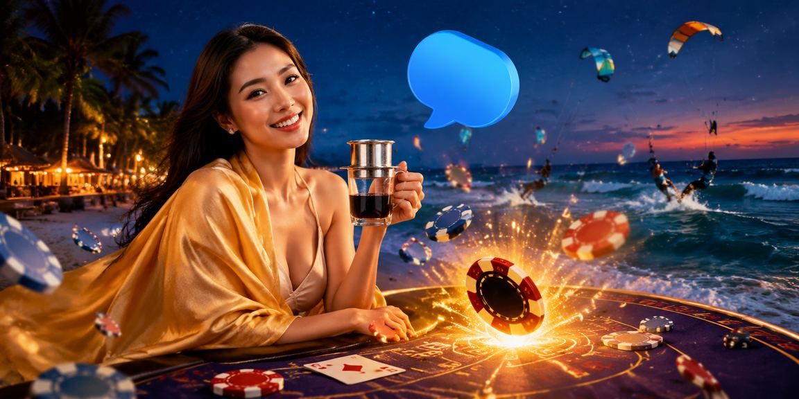 Không gian thư giãn tại Mũi Né với người dùng theo dõi baccarat trực tuyến qua màn hình máy tính xách tay